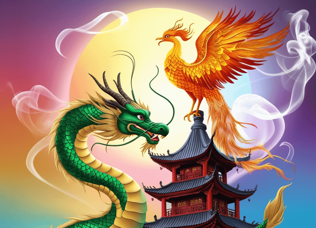 A vibrant depiction of a green dragon and a fiery phoenix hovering over a traditional Chinese pagoda against a glowing sunlit sky. The dragon represents power and strength, while the phoenix symbolizes rebirth and harmony in Chinese legends...