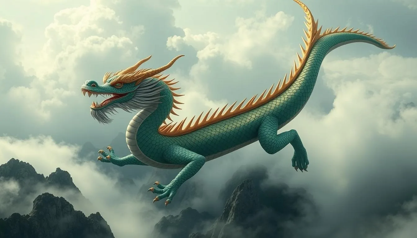 Dragons in Korean Mythology A majestic green Chinese dragon with golden horns and spines soars gracefully above mist-covered mountains. The dragon's scales shimmer in the diffused daylight, set against a backdrop of soft clouds and rugged peaks, embodying mythical elegance and power