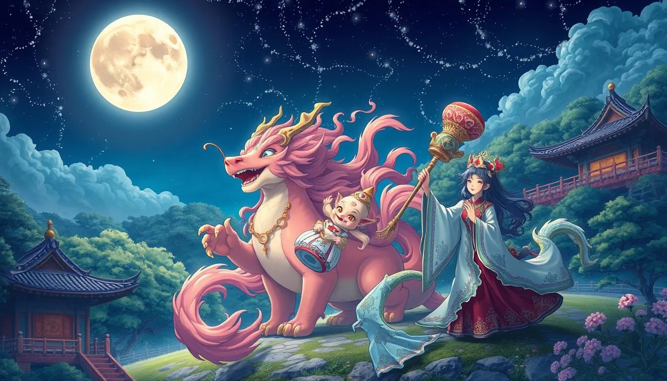 Mythical Creatures from Korea A whimsical night scene under a full moon, featuring a vibrant pink dragon with a golden mane carrying a joyful child adorned in royal attire. Beside them stands a regal goddess in flowing robes, holding a ceremonial staff. Traditional Chinese temples are nestled in the background amidst lush greenery, with the sky sparkling with stars and clouds framing the enchanting moment