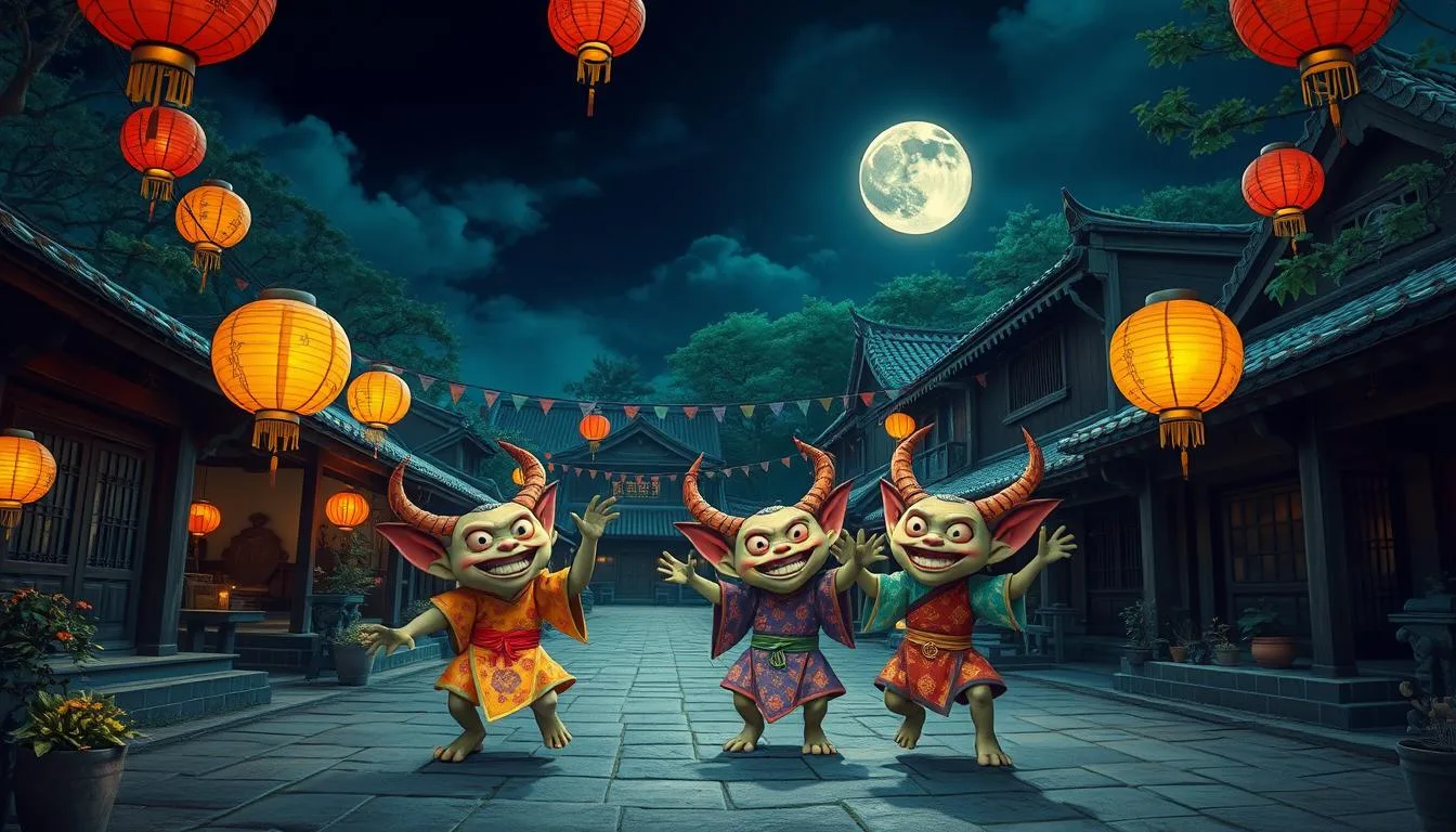 Mythological Gods and Creatures with Goblins Three playful Dokkaebi, Korean goblins, dressed in colorful traditional outfits, dancing joyfully under glowing lanterns during a vibrant night festival. The scene is illuminated by a full moon and surrounded by traditional Korean architecture, creating an enchanting representation of Korean Mythical Creatures...