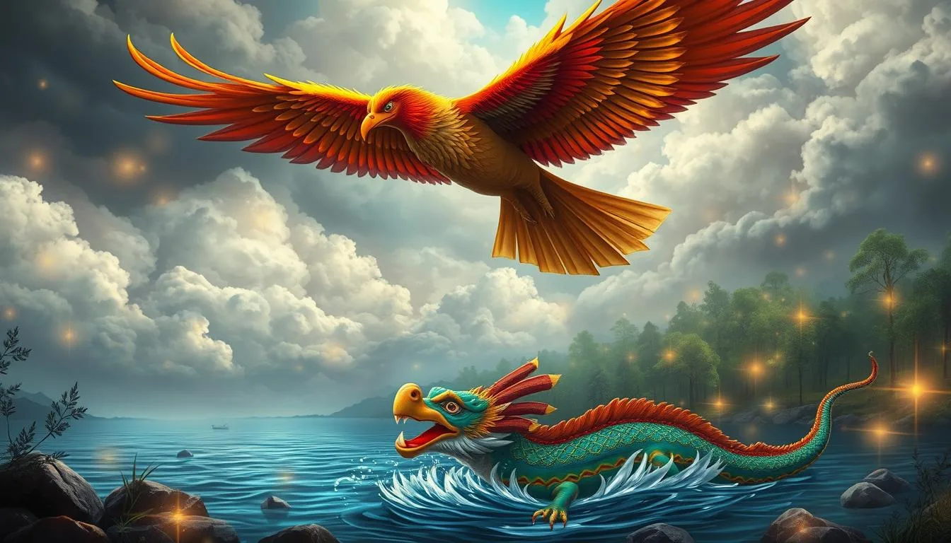 Types of Mythological Creatures in India Illustration of a majestic phoenix with fiery wings soaring above a vibrant water dragon with emerald scales and a golden mane, set against a backdrop of dramatic clouds, glowing fireflies, and a serene lake, symbolizing mythical creatures in Indian folklore...