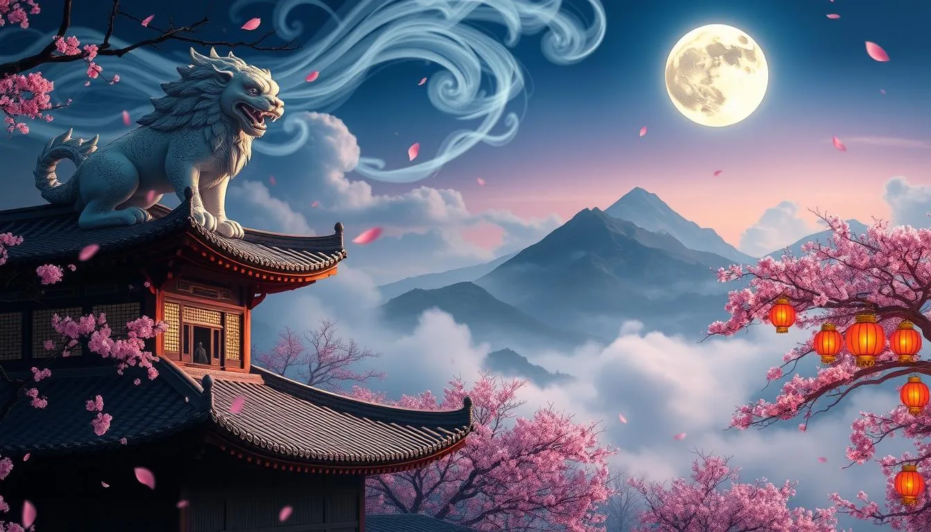Types of Mythological Creatures in Korea Mystical Haetae, a lion-like guardian creature in Korean mythology, perched on a traditional temple rooftop surrounded by cherry blossoms. The scene captures the serenity of a moonlit night with pink petals falling gently, symbolizing the protective and divine nature of Korean Mythological Creatures..
