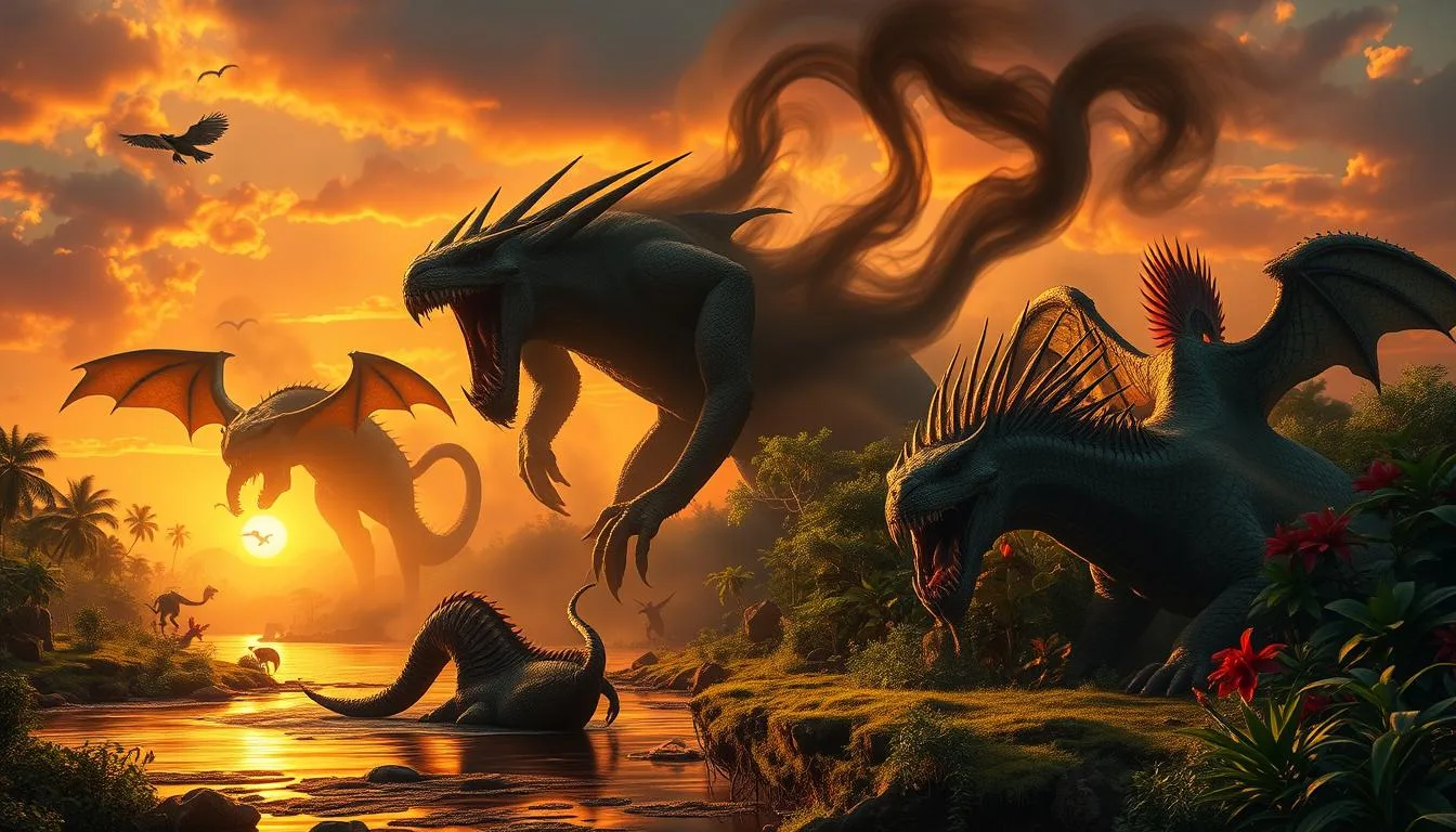 African Mythological Gods and Creatures An awe-inspiring scene featuring legendary African monsters, showcasing a blend of mythical creatures from various cultures, such as the giant Mokele-Mbembe in a lush river setting, the fearsome Chindi with swirling dark mist, and the powerful Ndongo surrounded by vibrant flora, all under a dramatic sunset sky...
