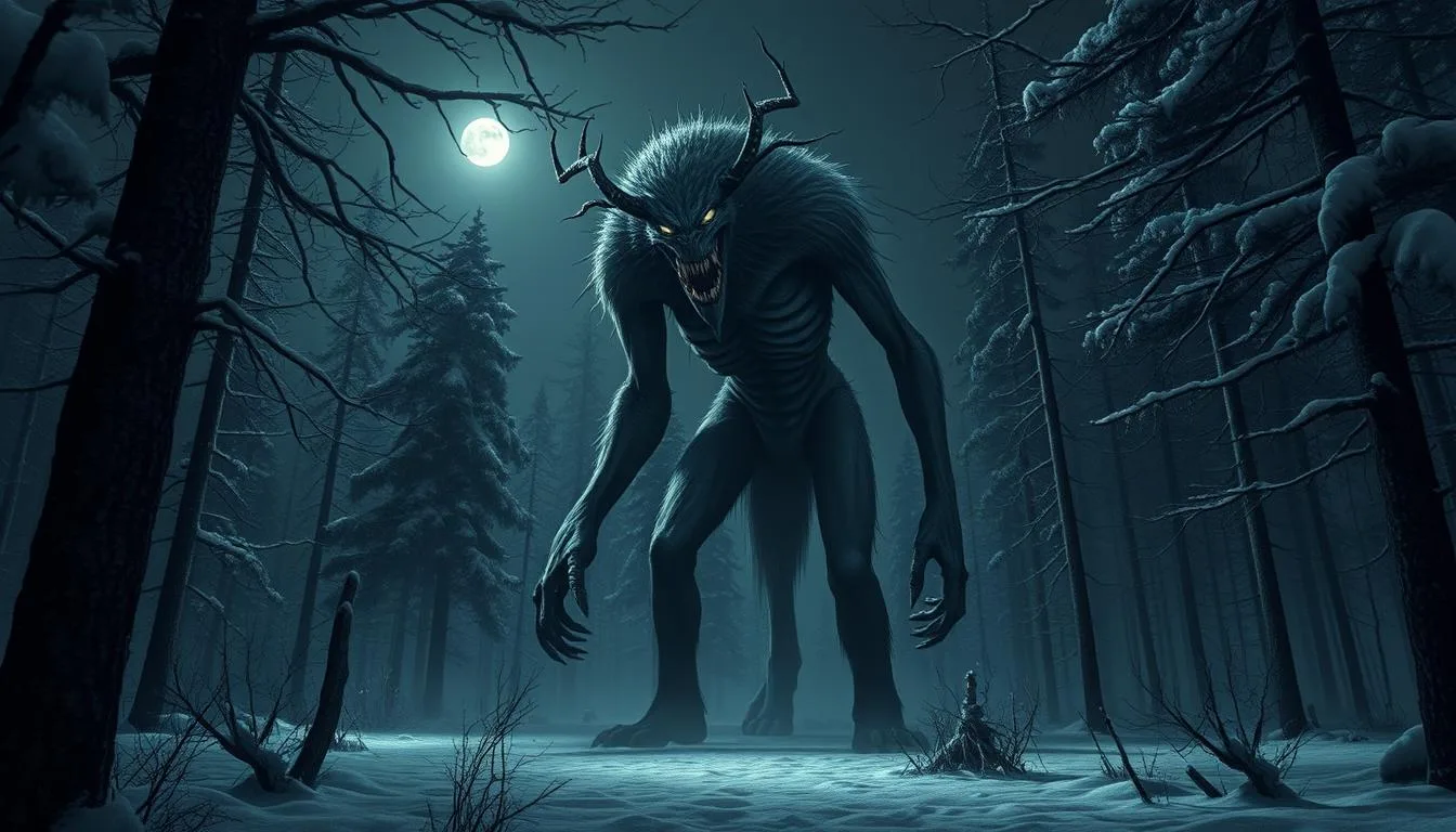 Canadian Mythical Gods and Creatures A towering Wendigo lurking in a dark, snow-covered Canadian forest, its gaunt body covered in matted fur, elongated limbs, and glowing eyes piercing through the mist. Trees surround it, their branches heavy with snow, while the ground is blanketed in frost. The atmosphere is eerie and foreboding, with a faint moonlight illuminating the creature's sharp teeth and bony features...