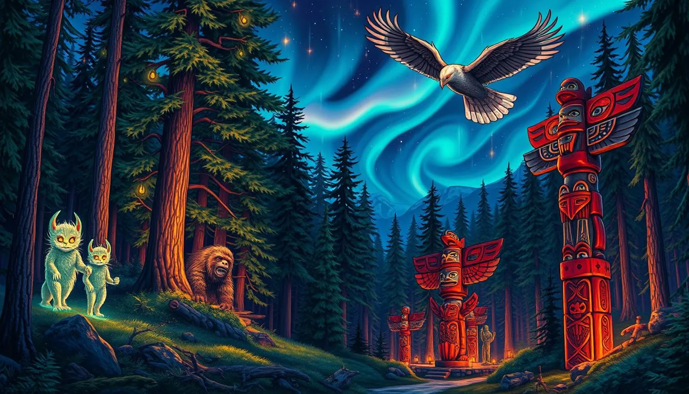 Canadian Mythological Gods and Creatures A vibrant forest scene infused with mythical Canadian creatures, featuring a towering Sasquatch peeking through lush trees, a glowing Wendigo lurking in the shadows, and a majestic Thunderbird soaring through a twilight sky, all surrounded by shimmering northern lights and ancient totem poles, capturing the essence of Canadian folklore...