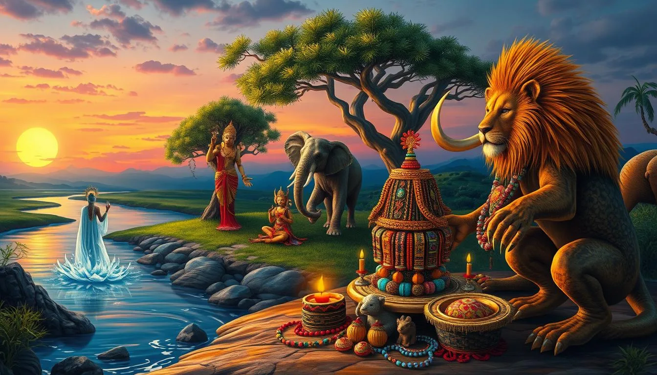 Creatures in African Mythology A vibrant scene depicting various African mythical creatures engaged in spiritual practices, featuring an elegant water spirit emerging from a serene river, a wise elephant deity performing a ritual under ancient trees, and a powerful lion monster standing guard over a sacred altar adorned with colorful beads and offerings, set against a backdrop of lush landscapes and twilight skies...