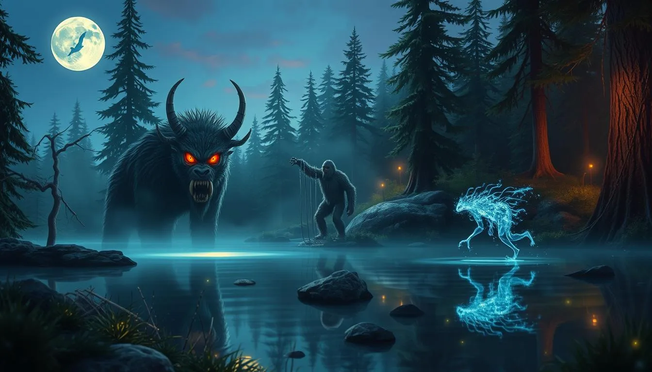 Creatures in Canadian Mythology A vibrant forest scene at dusk, featuring a majestic Wendigo with glowing eyes, surrounded by misty pine trees and a tranquil lake reflecting the moonlight; in the background, a playful Sasquatch peeks from behind a boulder, while a shimmering, ethereal creature resembling a water spirit dances on the surface of the water, all illuminated by soft, magical lights...