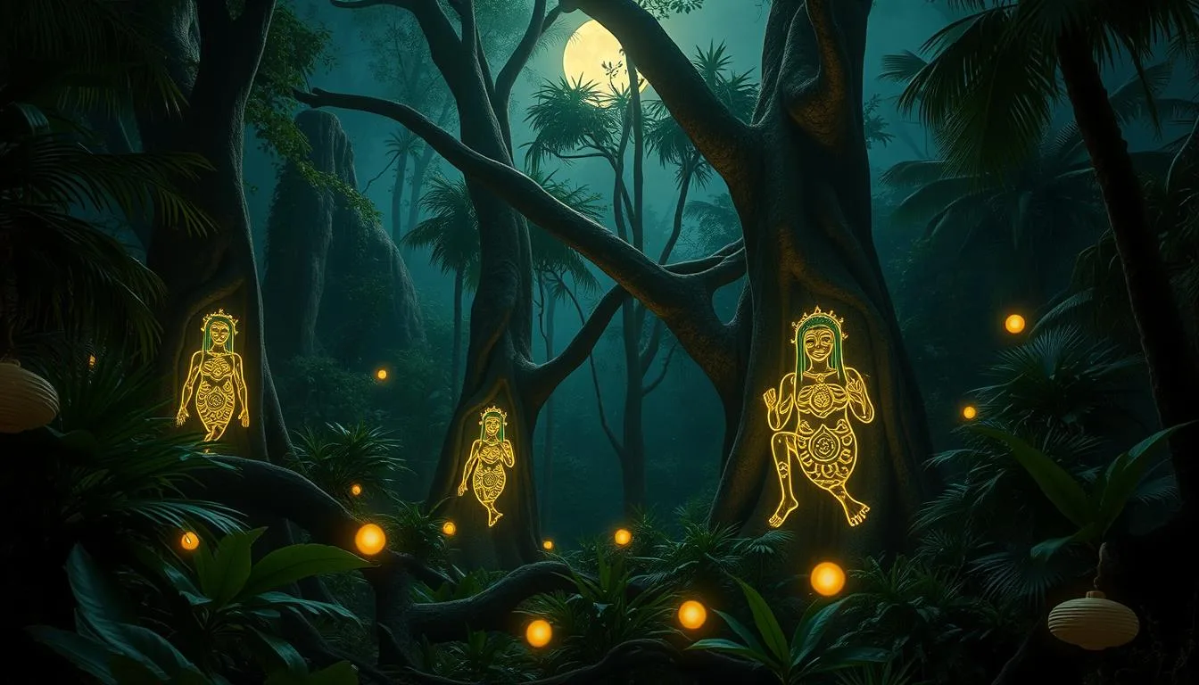 An ethereal forest scene in Guam, illuminated by soft moonlight, showcasing Taotaomona spirits as translucent figures emerging from ancient trees, adorned with traditional Chamorro patterns, surrounded by lush tropical foliage, glowing orbs of light floating around, creating a mystical and serene atmosphere...