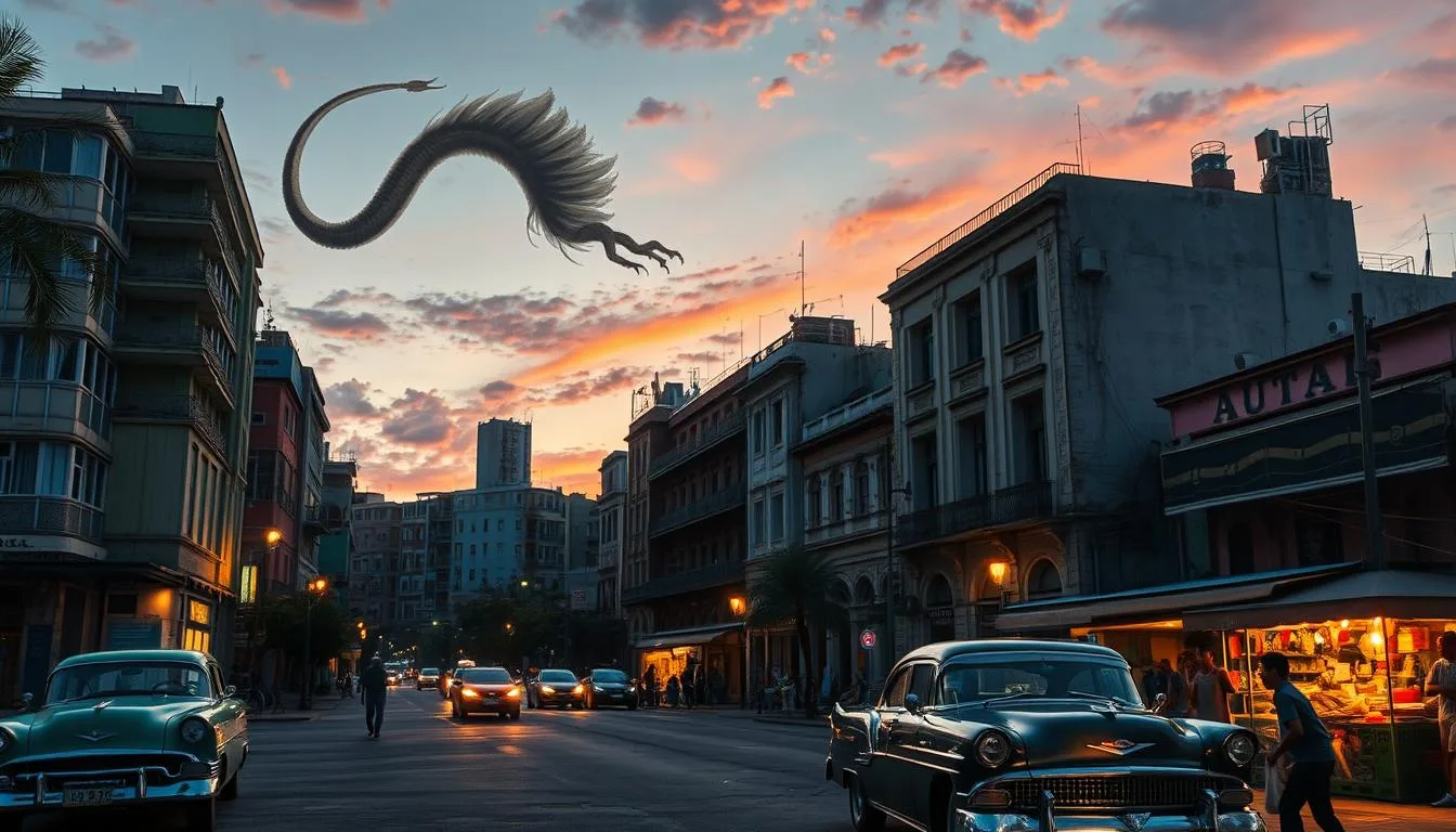 Creatures in Latin American Mythology A vibrant urban landscape in Cuba at dusk, featuring a blend of modern architecture and traditional colonial buildings, with subtle hints of mythical creatures from Cuban folklore subtly integrated into the scene – such as the shape of a feathered serpent in the clouds, a silhouette of a water spirit lurking by a vintage car, and shadows of enchanted figures weaving through street vendors, all brought to life with rich colors and dynamic lighting...