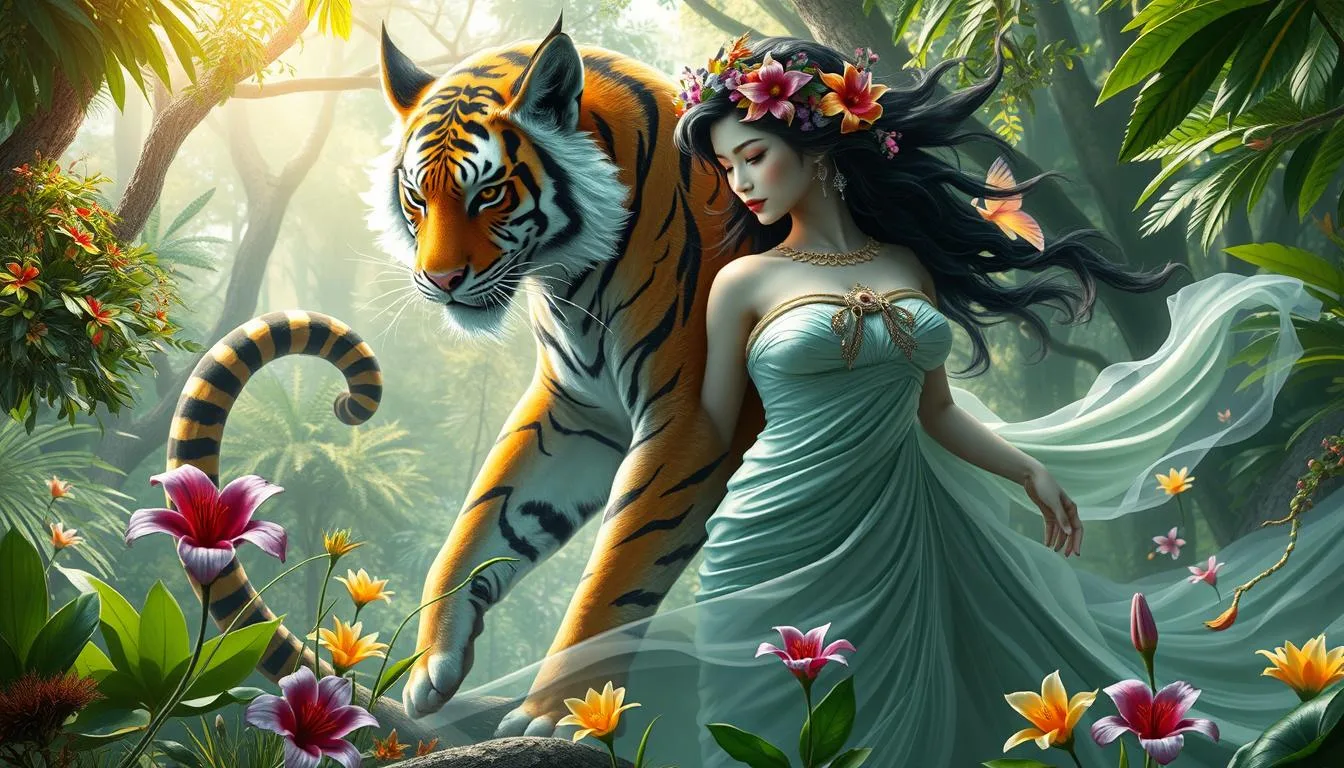 Creatures in Malaysian Mythology A mystical scene featuring a shape-shifting creature from Malaysian folklore, transforming between a majestic tiger and a graceful woman, surrounded by lush tropical jungle, vibrant flowers, and ethereal light filtering through the trees, showcasing the duality of its forms in a harmonious blend...