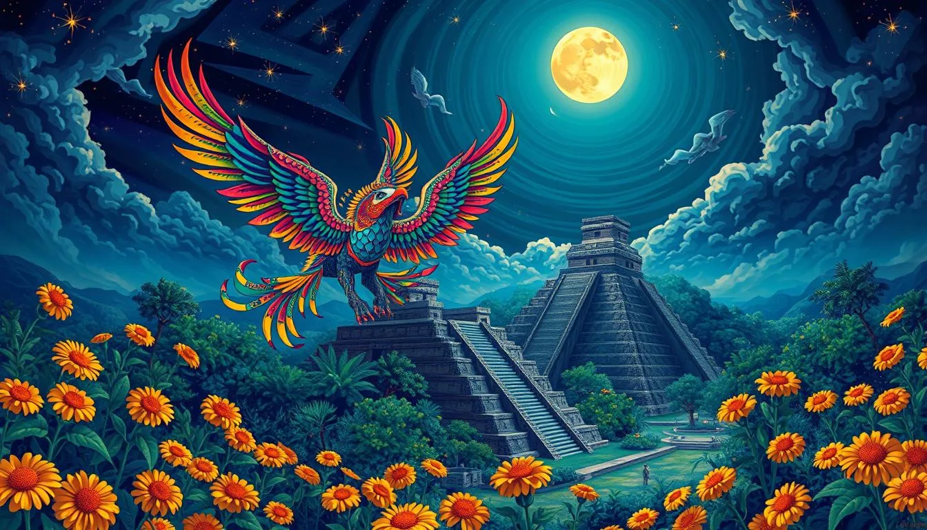 Creatures in Mexican Mythology A stunning depiction of Quetzalcoatl, the feathered serpent god from Mexican mythology, soaring above the ancient pyramid of Chichen Itza under a glowing full moon. The vibrant colors of the mythical creature contrast beautifully with the dark night sky and lush floral landscape, representing the grandeur of Latin American folklore...