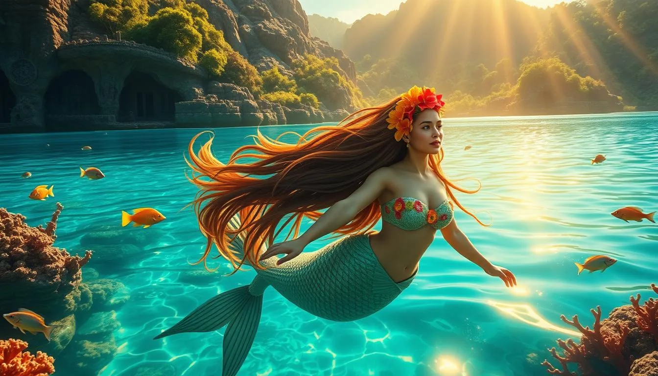 A vibrant depiction of Guam's mythical creatures, featuring a striking Chamorro mermaid with long flowing hair, adorned with tropical flowers, swimming gracefully in the azure waters. Surround her with colorful marine life and coral reefs, while in the background, a lush volcanic landscape rises with hidden caves and ancient stone carvings. Illuminate the scene with soft golden sunlight filtering through the water, creating a magical atmosphere filled with mystery and wonder...