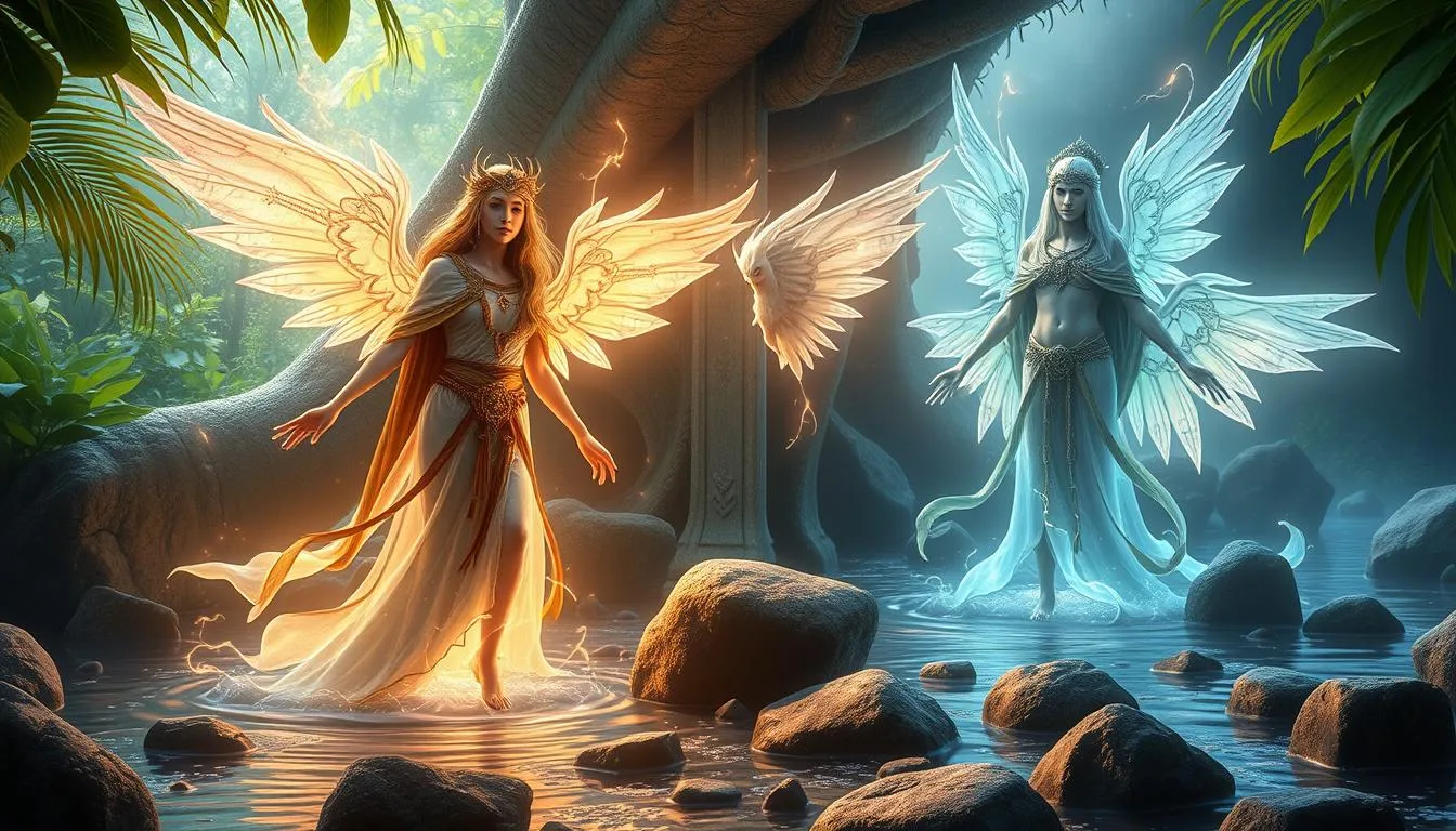 Enchanting island spirits of Guam, ethereal and luminous, surrounded by lush tropical foliage, shimmering waters, and ancient stones, embodying the essence of nature and culture, with gentle wisps of color and light, mystical atmosphere...