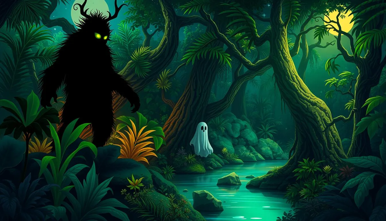 Latin American Mythological Creatures A mystical forest in Puerto Rico, illuminated by moonlight, featuring the enchanting figure of El Yeti, a shadowy creature with glowing eyes, surrounded by vibrant tropical plants, the ghostly silhouette of La Llorona weeping near a tranquil river, and a mischievous Duende peeking from behind a tree, all set against a backdrop of lush greenery and starry skies...