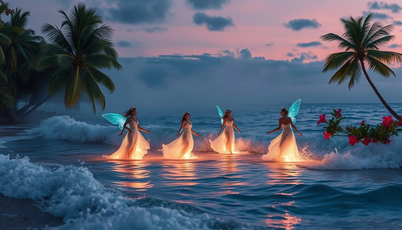 Latin American Mythological Gods and Creatures A serene Cuban coastline at twilight, featuring ethereal water spirits emerging from the ocean waves, their translucent forms shimmering with bioluminescent colors. Lush palm trees and vibrant tropical flowers frame the scene, while soft, mystical mist hovers above the water. The spirits embody graceful movements, reflecting elements of traditional Cuban culture in their flowing garments, creating an enchanting and otherworldly atmosphere...