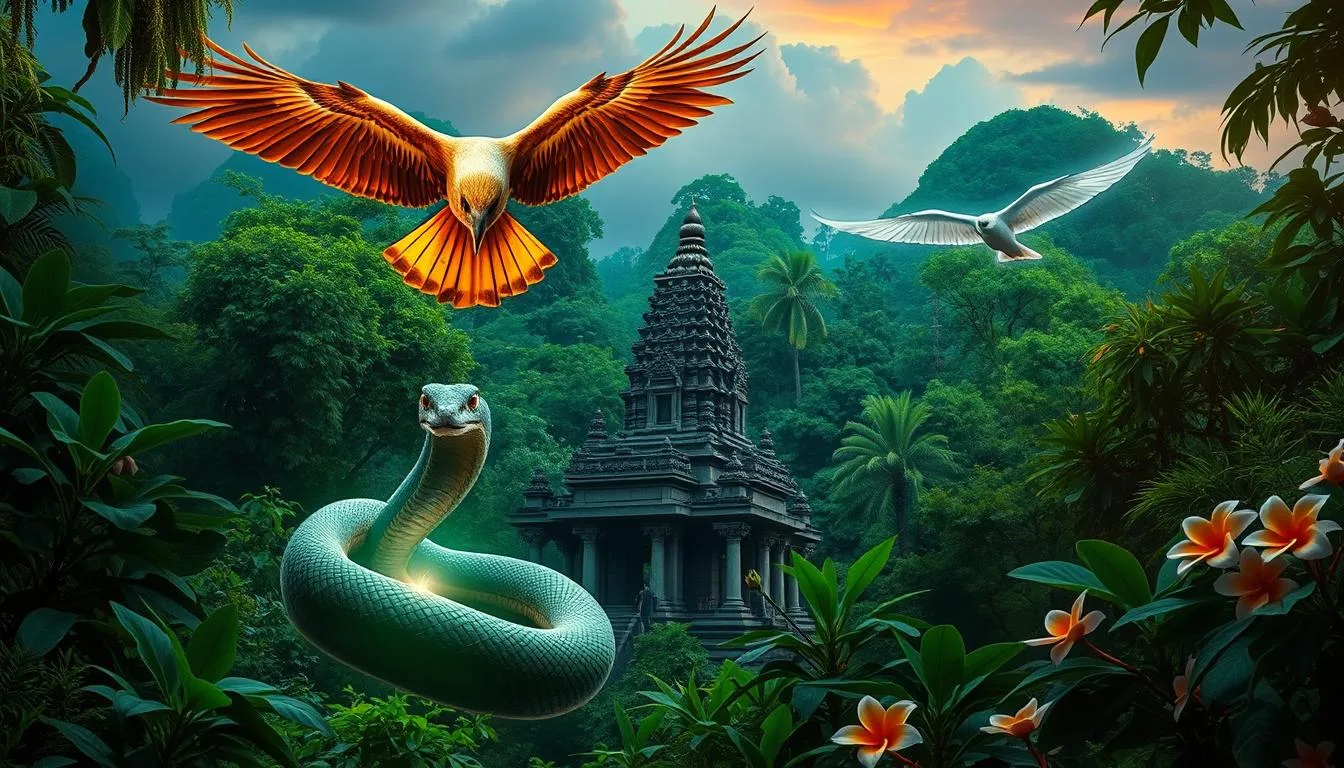 Malaysian Mythological Gods and Creatures A vibrant jungle setting in Malaysia, featuring a majestic Garuda soaring above lush greenery; below, a mystical Naga coiling gracefully around an ancient stone temple, with ethereal light illuminating its scales; and a serene Penanggalan gliding through the air at twilight, its luminescent head floating elegantly amidst tropical flowers...