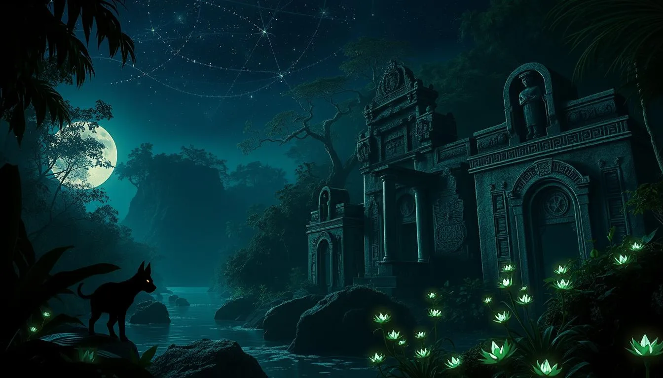 Mexican Creatures Mythology in Mexico A haunting image of the Ahuizotl, a legendary water-dwelling creature from Mexican mythology, lurking near an ancient temple under a moonlit sky, surrounded by glowing water lilies, embodying the mystery of Latin American folklore...