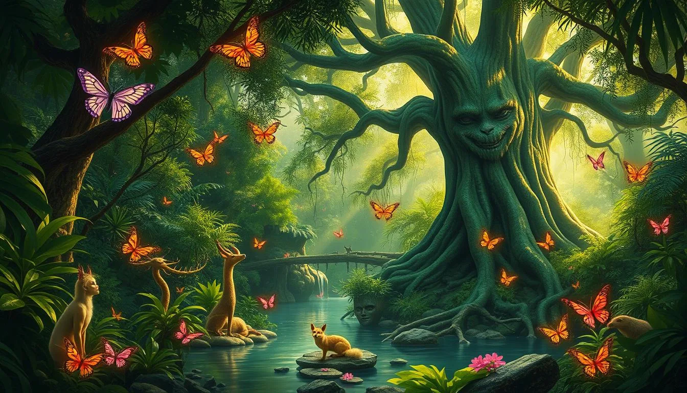 Mythical Creatures from Africa A vibrant African forest teeming with mythical creatures, featuring a mix of spirits and nature beings like elegant water nymphs, playful trickster foxes, ethereal glowing butterflies, and towering ancient trees with faces, bathed in dappled sunlight filtering through lush green foliage, with a mystical atmosphere and hints of vibrant colors...