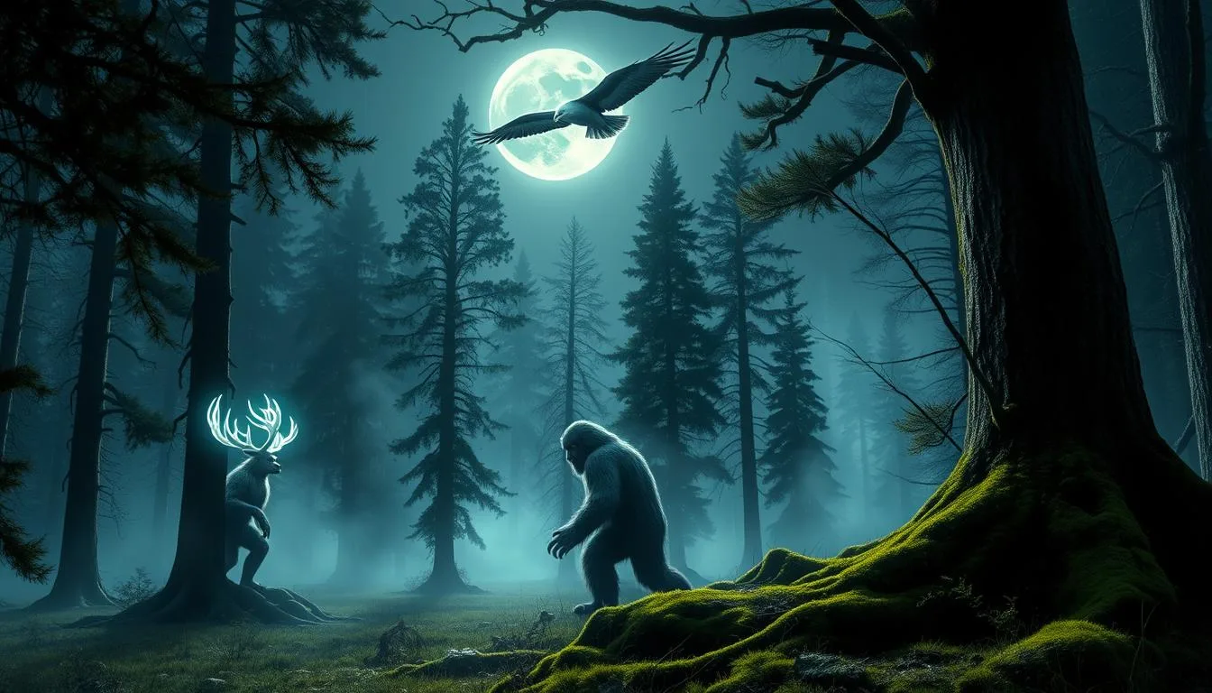 Mythical Creatures from Canada A serene forest clearing illuminated by moonlight, inhabited by ethereal beings inspired by Canadian mythology, featuring a glowing Wendigo with luminous antlers, a playful Sasquatch peeking from behind a tree, and a majestic Thunderbird soaring above, surrounded by mist and ancient trees adorned with soft moss...