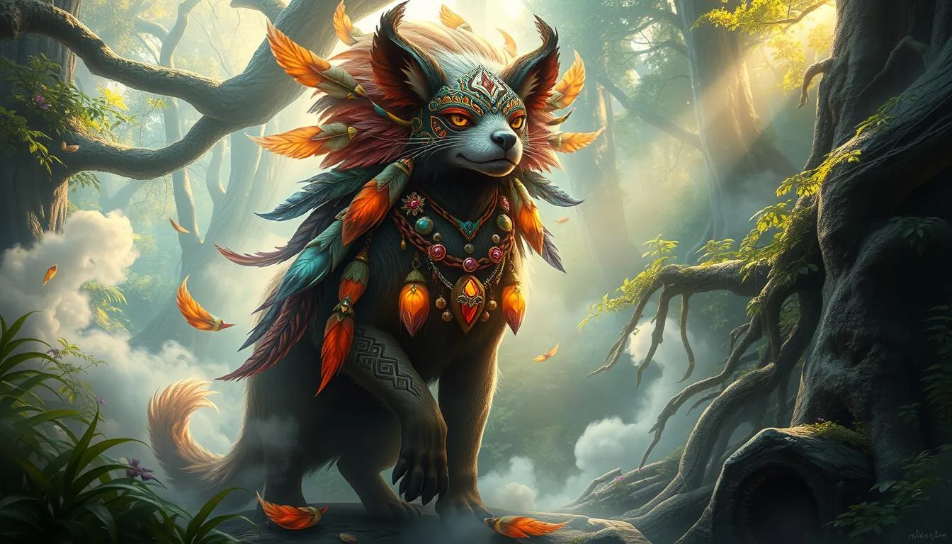 Mythical Creatures from Mexico An artistic portrayal of the Nahual, a mystical shape-shifting guardian from Mexican folklore, adorned with vibrant feathers and ancient jewelry, standing in an enchanted forest, reflecting the deep spiritual connection in Mexican mythology...
