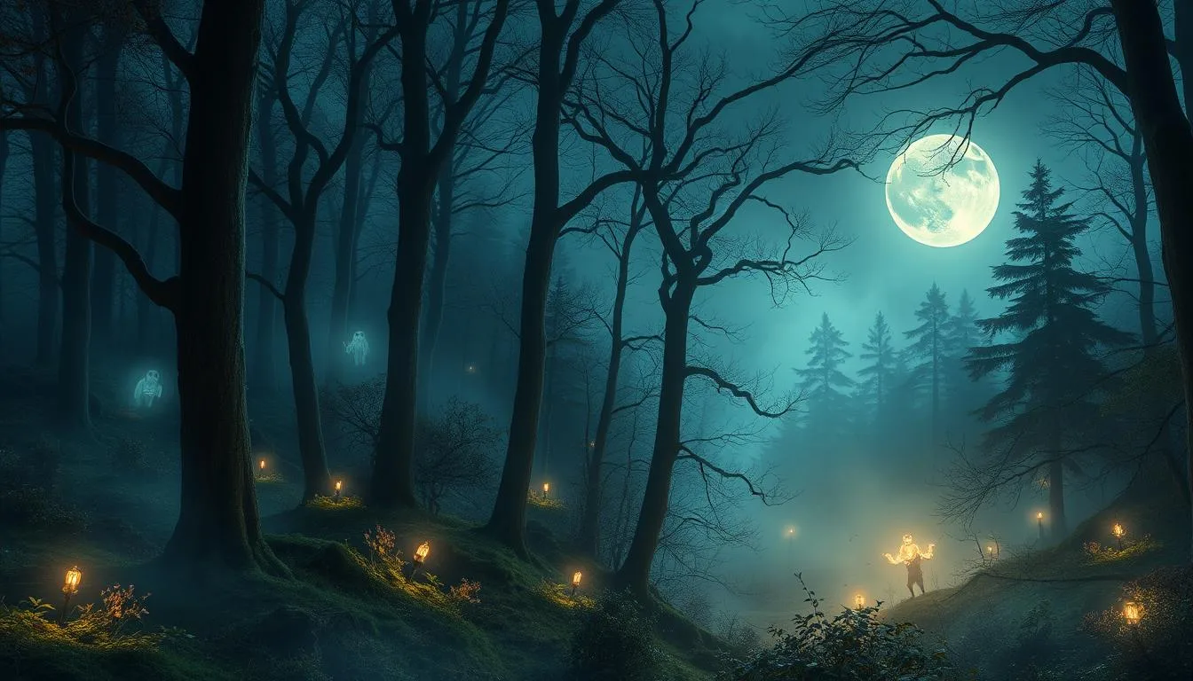Slavic Mythological Gods and Creatures A mysterious forest illuminated by ethereal moonlight, with ghostly figures of Slavic mythical creatures like Leshy and Rusalka hidden among the ancient trees, shimmering wisps of mist swirling around mystical landscapes, intricate details of flora and fauna, and soft glowing lights creating an enchanting atmosphere...