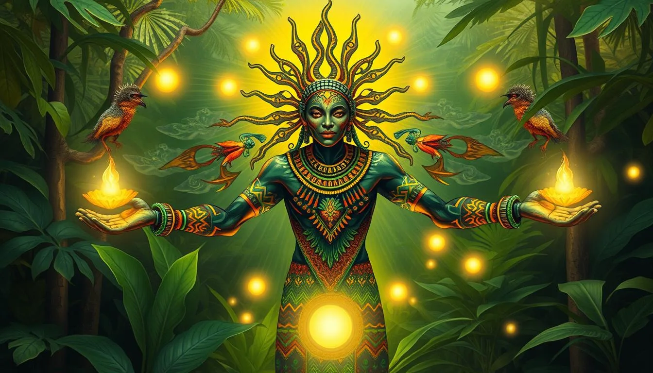 Types of Mythological Creatures in Africa An ethereal African protective spirit, adorned in vibrant tribal patterns, emerging from a lush jungle, surrounded by glowing orbs of light, with a peaceful expression and outstretched arms, intricate details of nature intertwining with the spirit's form...