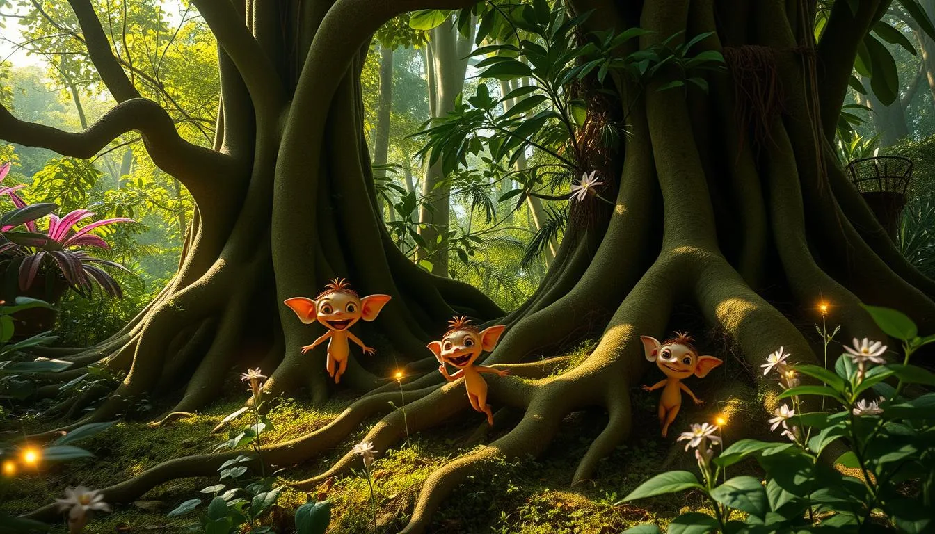 A vibrant, lush forest scene in Guam, filled with dense foliage and towering trees, illuminated by soft sunlight filtering through the leaves. Small, mischievous Duendes with playful expressions darting between tree roots and branches, their skin adorned with earthy tones and natural textures. Delicate flowers and sparkling fairy lights scattered throughout the scene, creating an enchanting atmosphere that captures the magical essence of these forest-dwelling tricksters...