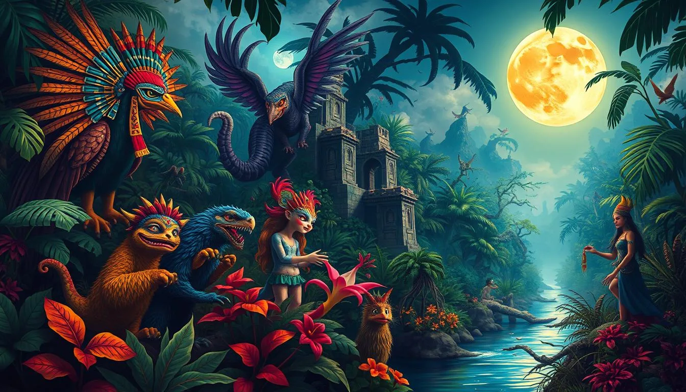 Types of Mythological Creatures in Latin America A vibrant, mystical scene featuring a collage of Latin American mythical creatures within a lush jungle setting. Include a majestic Quetzalcoatl, a fearsome Chupacabra lurking in the shadows, a playful Duende peeking from behind ancient ruins, and a graceful La Llorona haunting the riverbank under a full moon. Capture the rich colors and textures of the environment, emphasizing exotic plants and ethereal light...
