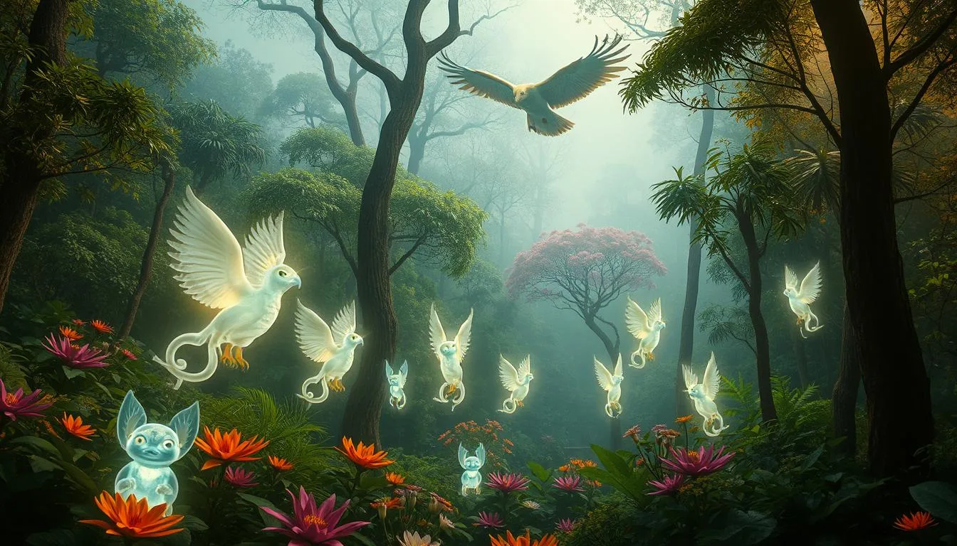 Types of Mythological Creatures in Malaysia A mystical forest scene teeming with vibrant flora, where ethereal, translucent creatures resembling the legendary Penanggalan float gracefully among the trees, their enchanting luminescence illuminating the surroundings; in the background, a majestic Tigon, a creature with the grace of a tiger and the wings of an eagle, soars through the misty sky, symbolizing nature's fierce guardianship over this enchanted realm...