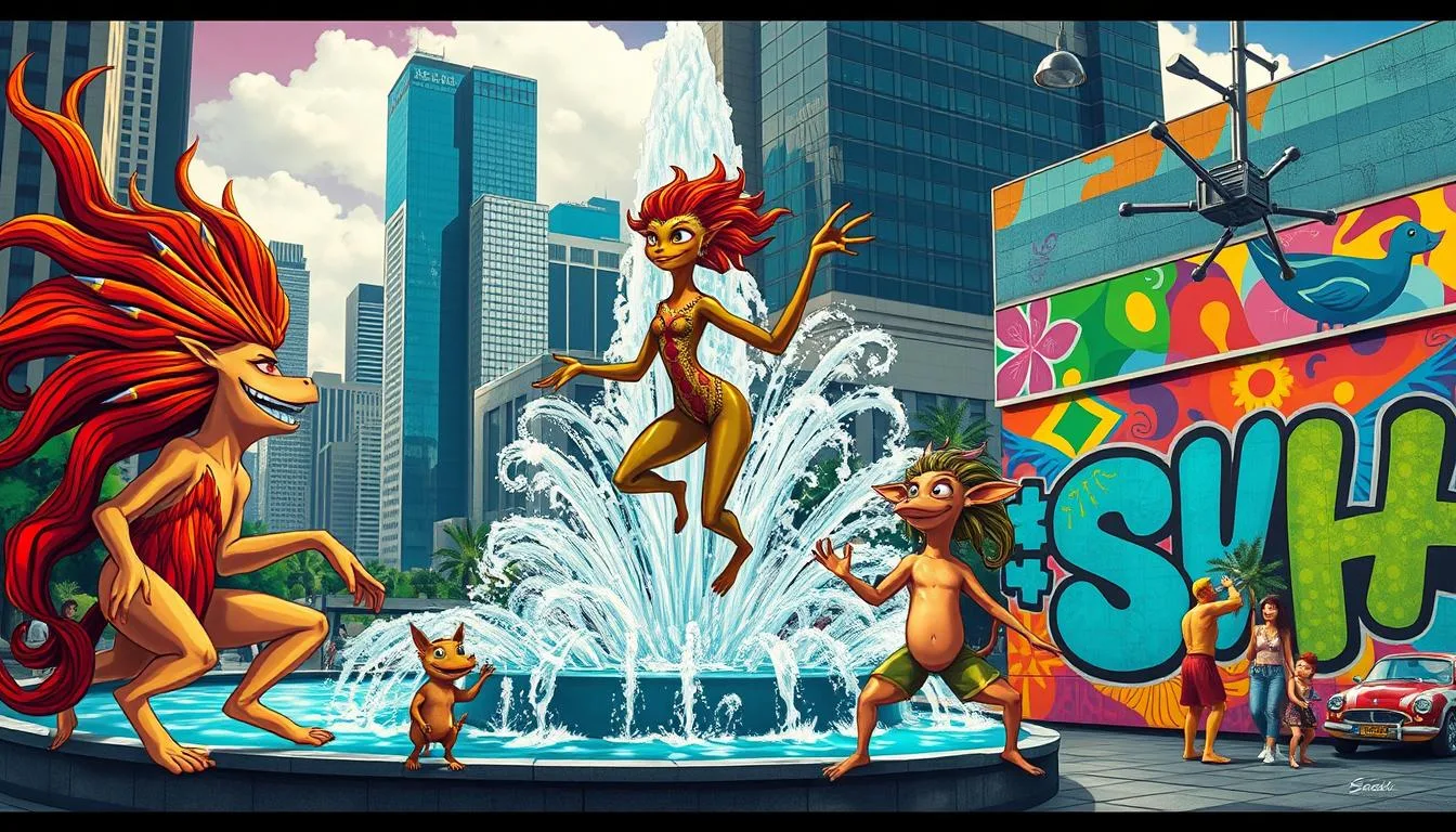 Brazil Mythological Creatures A vibrant scene depicting Brazilian folklore creatures interacting with modern urban elements, showcasing the legendary Curupira with fiery red hair and backwards feet among city skyscrapers, the Iara gracefully emerging from a contemporary fountain, and the Saci in a playful pose near a colorful street mural, blending traditional Brazilian motifs with a bustling city life backdrop...