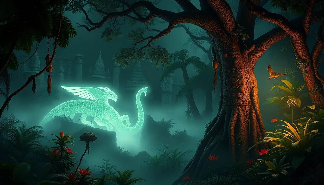 Creatures in Brazilian Mythology Ancient Brazilian rainforest with ethereal, glowing mythical creatures emerging from the mist, vibrant flora, tribal symbols carved in trees, mystical atmosphere, deep shadows and soft light illuminating the scene...