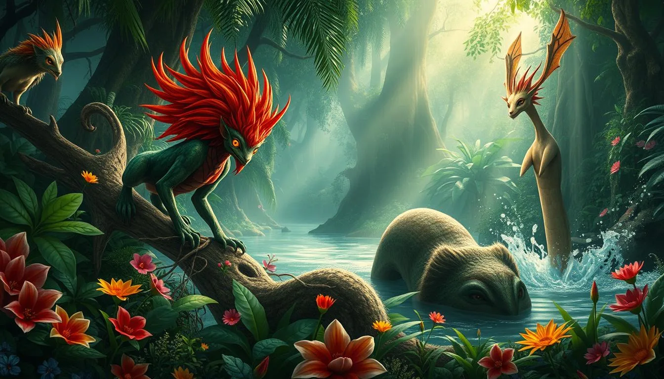 Types of Mythological Creatures in Brazil A vibrant jungle scene filled with Brazilian mythical creatures, showcasing the Boi Tatá with its glowing eyes, the Curupira with fiery red hair and backward feet, and the Iara gracefully emerging from a shimmering river, surrounded by lush vegetation, colorful flowers, and ethereal light filtering through the canopy...