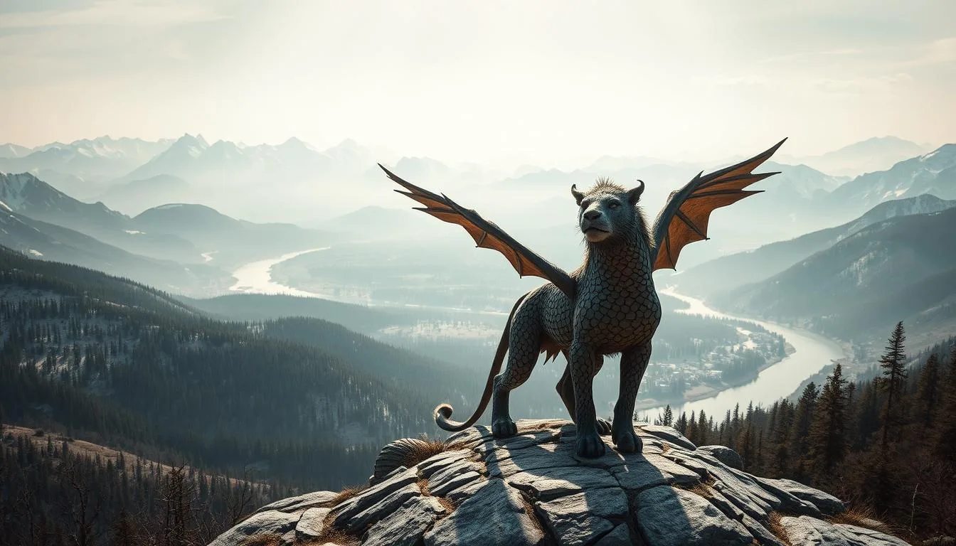 Asian Mythical Creatures and Folklore Asian mythical creatures and folklore featuring a proud griffin-like beast with scaly skin and wide wings standing atop a rocky cliff, overlooking a vast winding river, dense pine forests, and distant blue mountain ranges under a bright sky.