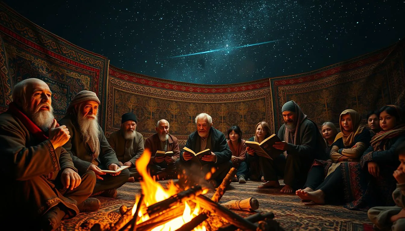 Asian Mythical Gods and Creatures Asian mythical gods and creatures gathered around a fire showing elderly and young figures dressed in traditional robes, reading ancient books under a starry night sky with a bright meteor streaking overhead, surrounded by ornate woven tapestries.
