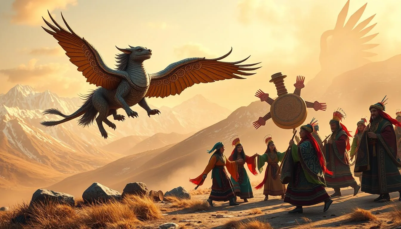 Asian Mythological Creatures Asian mythological creatures in celebration with a majestic winged dragon flying above a joyful group of traditionally dressed people holding a sacred sun symbol, set against a breathtaking backdrop of snow-dusted mountains and golden light.
