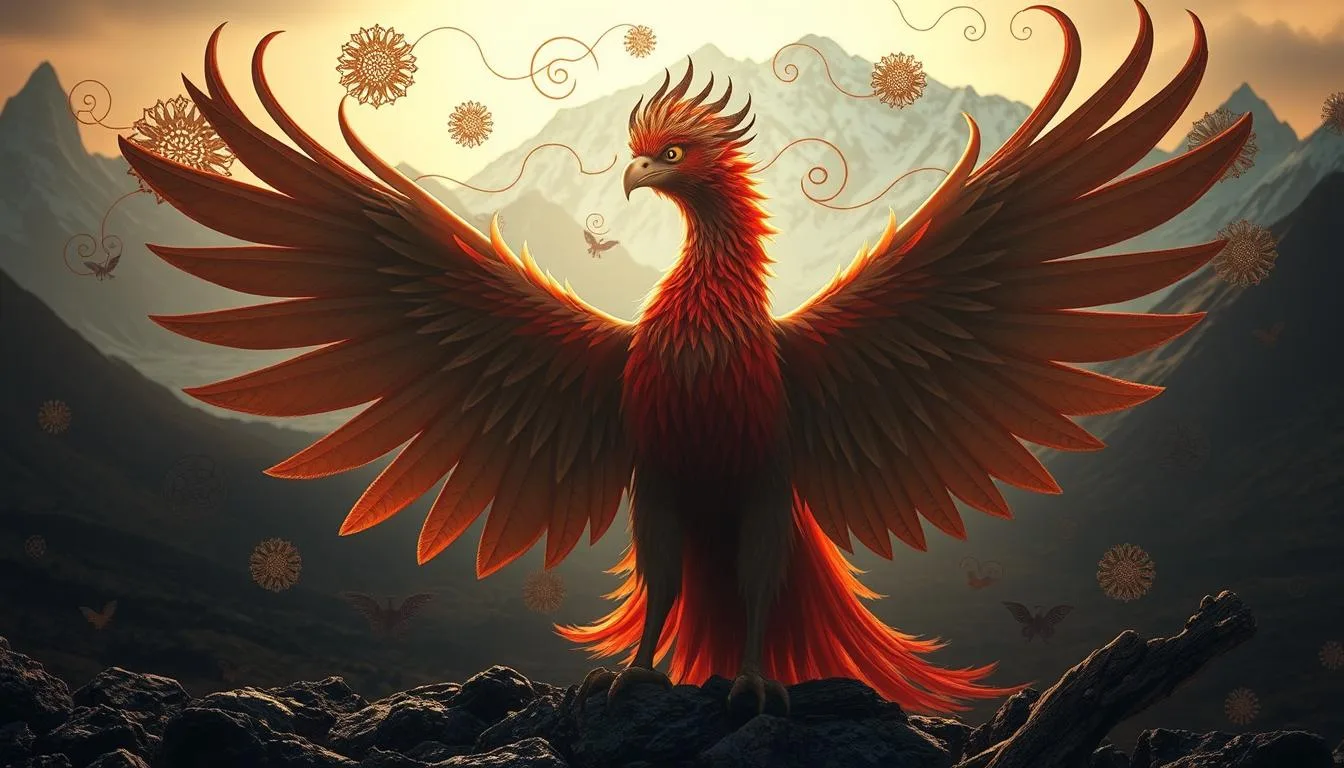 Mythological Creatures in Central Asian Mythological creatures in Central Asian folklore featuring a vibrant red phoenix with wide outstretched wings standing on rocky terrain, surrounded by swirling golden patterns, with towering snow-capped mountains rising in the background under a soft, golden sky.