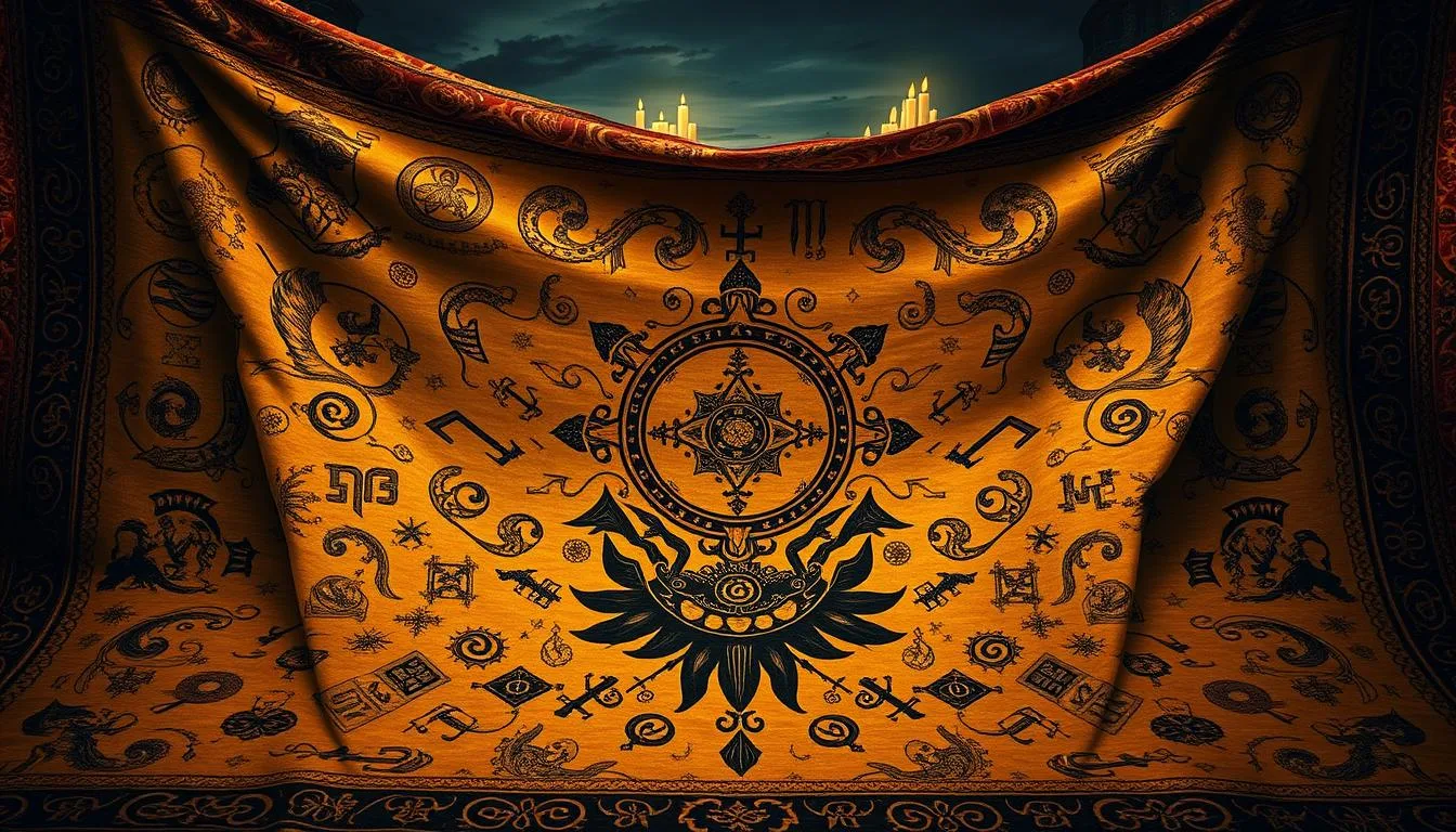 Mythological Creatures in Russia Mythological creatures in Russia woven into sacred tapestry showing an ancient, golden ceremonial cloth adorned with intricate symbols, mythical animals, and sacred emblems, illuminated by candlelight against a dark ceremonial setting.