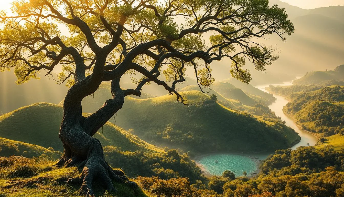 Mythological Creatures in Siberia Mythological creatures in Siberia landscapes featuring a majestic ancient tree with sprawling twisted branches overlooking lush green hills, a shimmering turquoise lake, and a winding river illuminated by soft golden rays of sunlight.