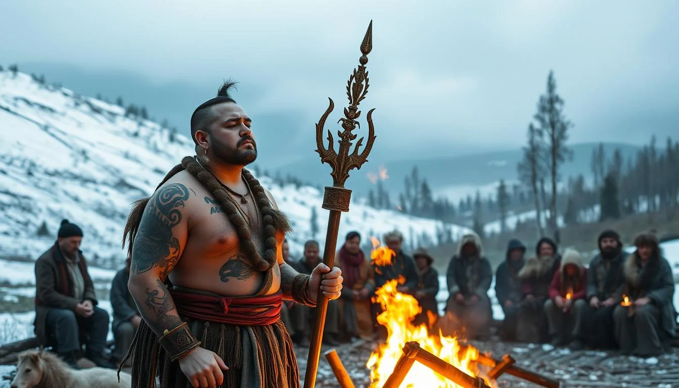 Siberian Asian Mythical Gods and Creatures Siberian Asian mythical gods and creatures in ritual with a powerful, tattooed warrior holding an ornate spear standing beside a blazing fire, while villagers dressed in heavy furs gather in a snowy mountain landscape under a cloudy sky.