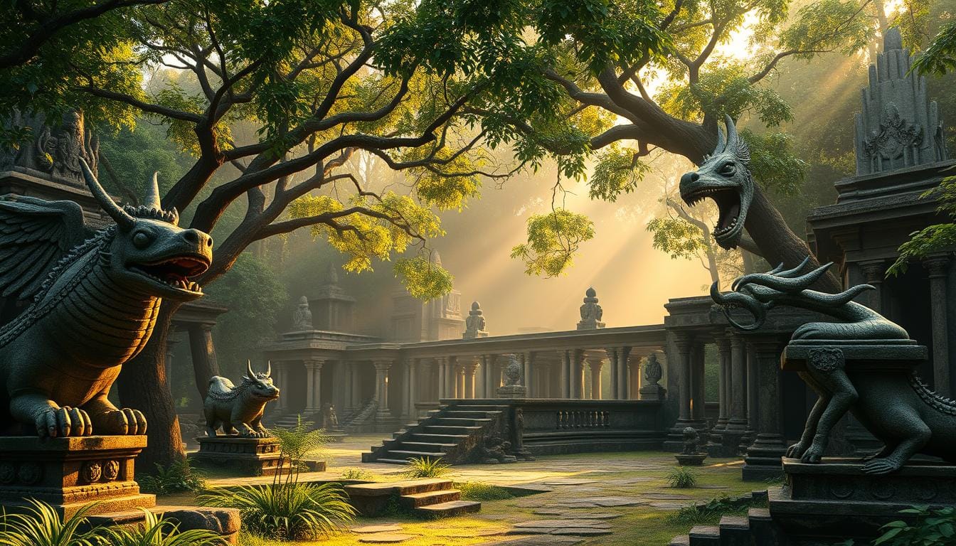 South Asian Mythical Creatures and Folklore South Asian mythical creatures and folklore statues featuring winged dragon-like beasts, a horned rhinoceros figure, and serpent-headed guardians surrounding an ancient stone courtyard, with golden sunlight streaming through lush trees and intricate temple ruins in the background.