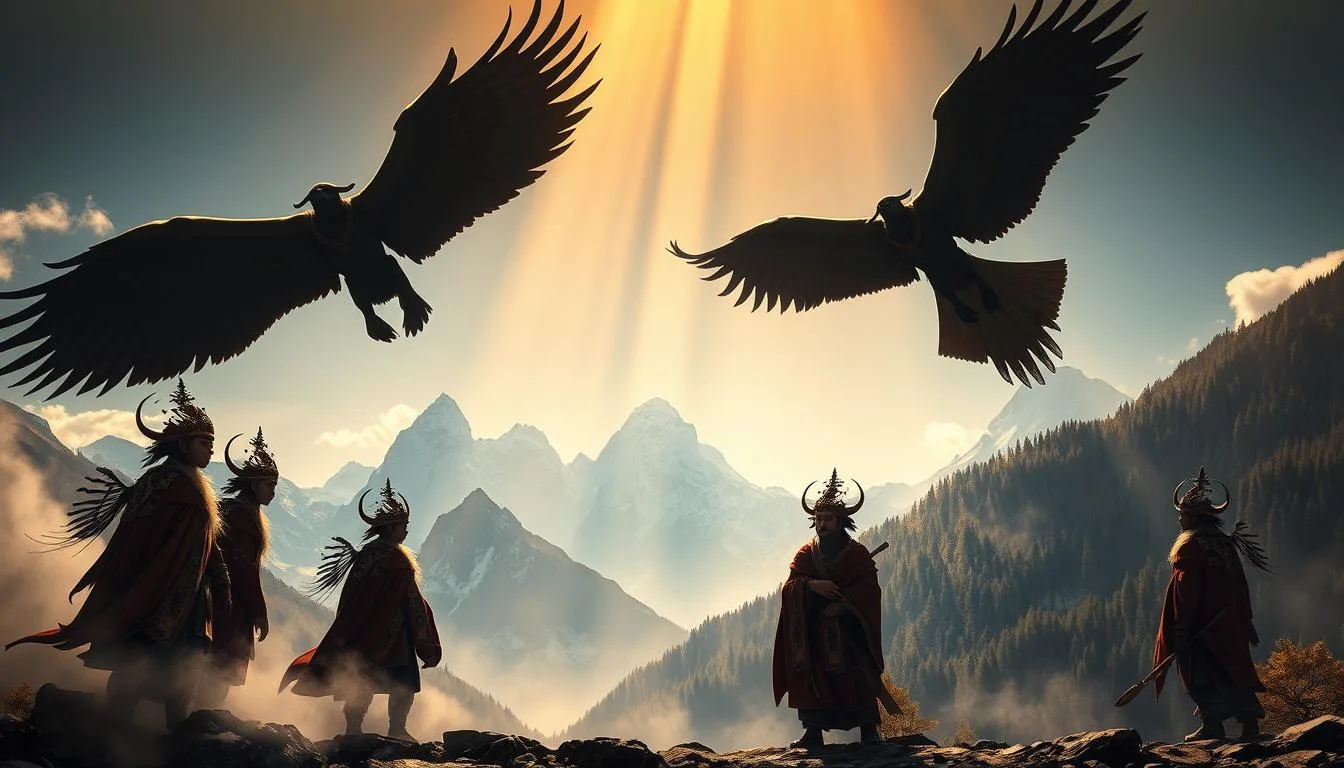 South Asian Mythical Gods and Creatures South Asian mythical gods and creatures in the mountains showcasing towering black eagles flying through rays of sunlight, while warriors dressed in ornate red and gold robes with feathered helmets stand atop a rugged peak, framed by snow-capped mountains and dramatic skies.