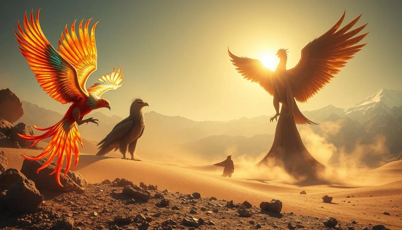 South Asian Mythological Creatures South Asian mythological creatures soaring over desert mountains with a fiery red and gold phoenix flying alongside a majestic eagle, as a towering phoenix-like figure rises from the sandy dunes under the glowing setting sun, with misty mountains framing the horizon.