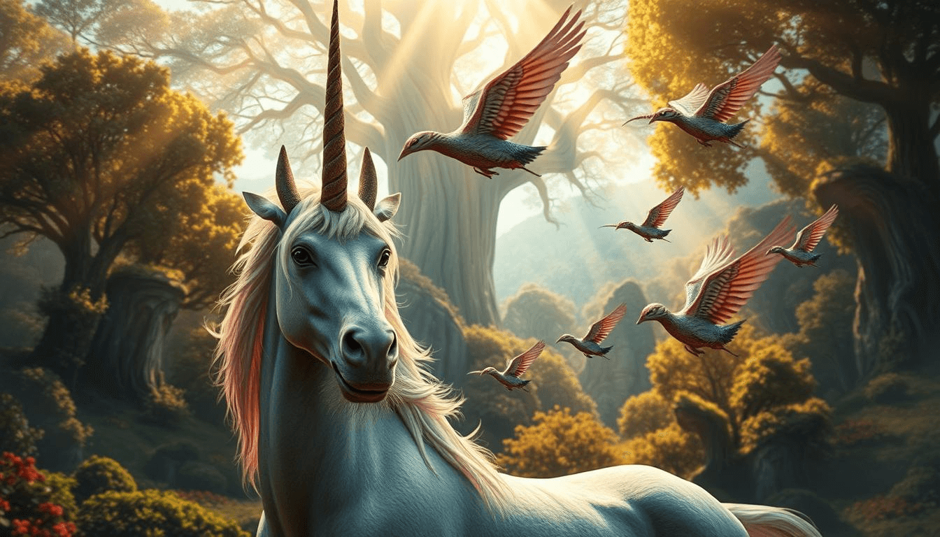 mythical-creatures-art-unicorn-forest-fantasy-scene A radiant white unicorn stands in a glowing forest clearing as a flock of magical birds soars nearby. The peaceful atmosphere and enchanted setting capture the beauty of mythical creatures art and the timeless wonder of mythical creatures fantasy.