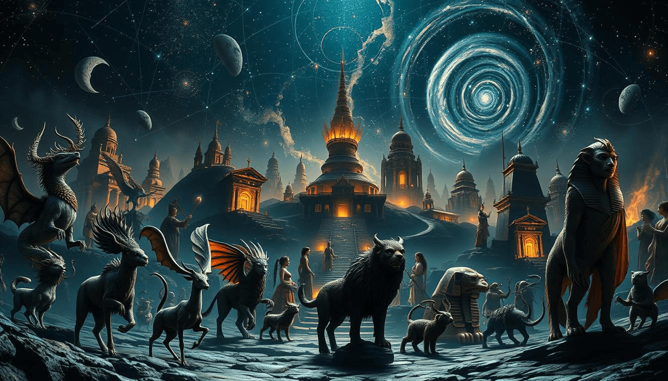 mythical-creatures-fantasy-celestial-empire-legends-universe-scene A cosmic city glows under swirling galaxies as mythical creatures roam among temples and celestial beings. This surreal composition blends mythical creatures fantasy with mythical creatures art in a universe-inspired dreamscape.
