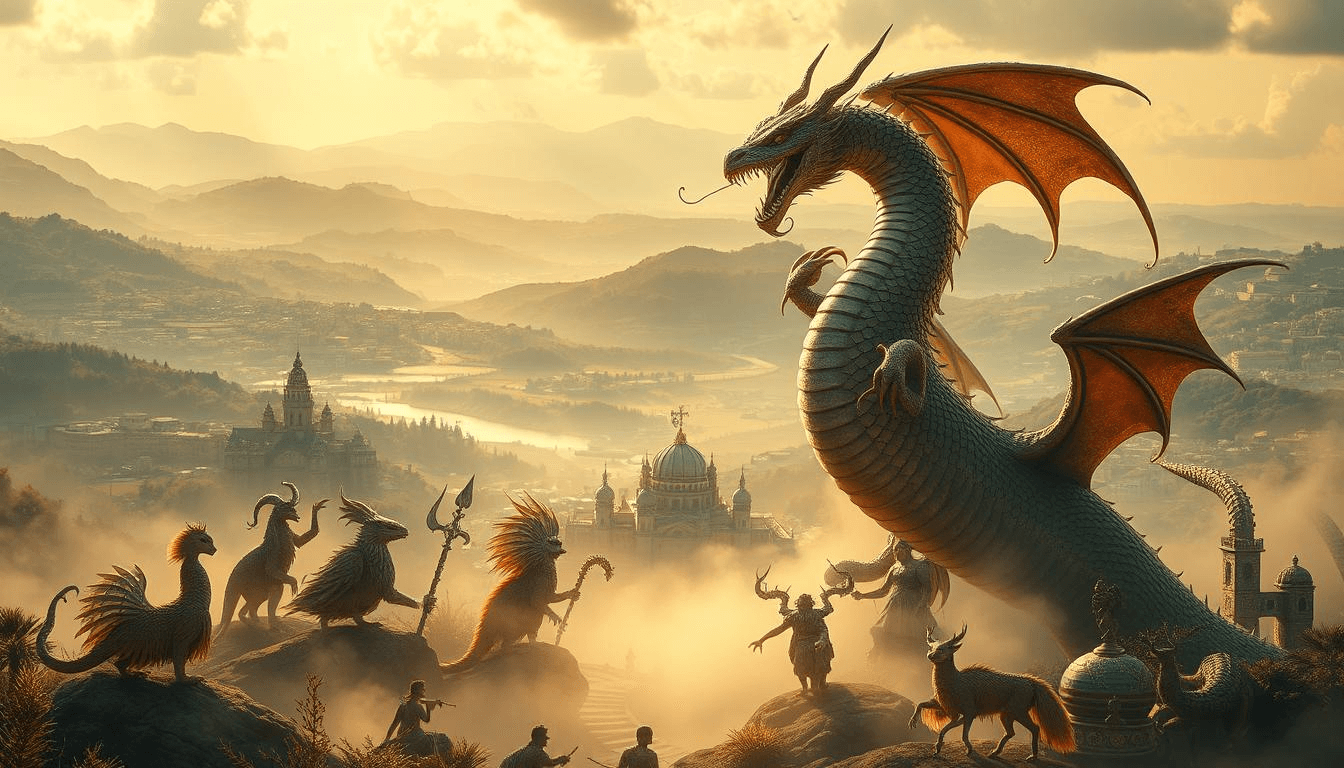mythical-creatures-fantasy-dragon-city-legends-epic-battle-scene A massive dragon with orange wings towers over a city as mythical creatures gather for battle in the misty hills. This dramatic fantasy scene blends mythical creatures art with the grandeur of mythical creatures legends.