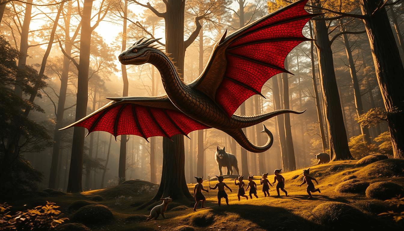 mythical-creatures-fantasy-dragon-red-wings-forest-scene A fierce red-winged dragon flies through a misty forest as children in animal masks run below. This mythical creatures fantasy scene captures the intensity and wonder found in mythical creatures art rooted in folklore.