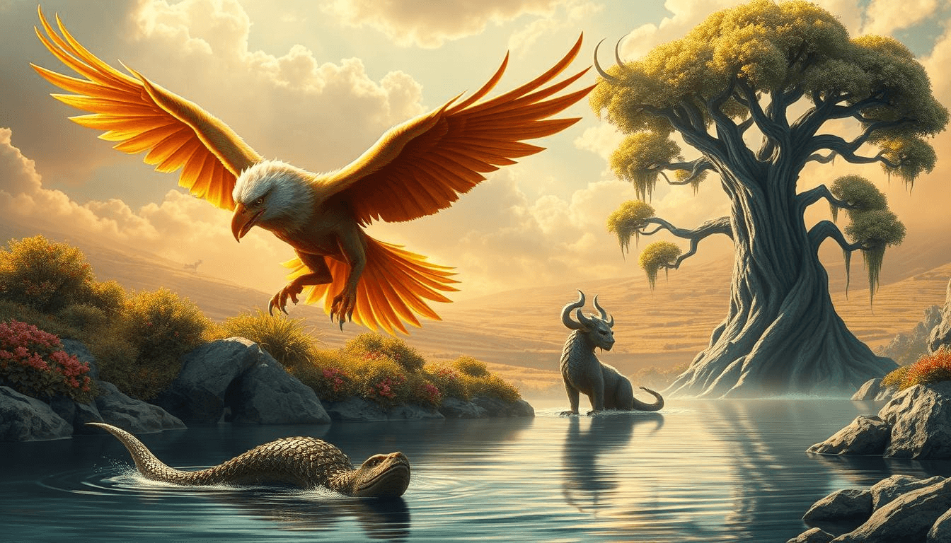 mythical-creatures-fantasy-griffin-lake-monster-tree-landscape A golden-winged griffin swoops over a shimmering lake toward a serpent-like creature, while a horned beast rests beneath a mystical tree. This fantasy landscape blends mythical creatures art with elements of mythical creatures fantasy in a vivid natural setting.