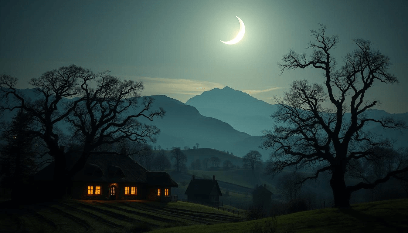 mythical-creatures-fantasy-night-landscape-moonlight-cottage A quiet countryside cottage glows warmly under a crescent moon, surrounded by dark trees and misty mountains. This mysterious night landscape evokes the haunting mood of mythical creatures fantasy and traditional mythical creatures folklore.