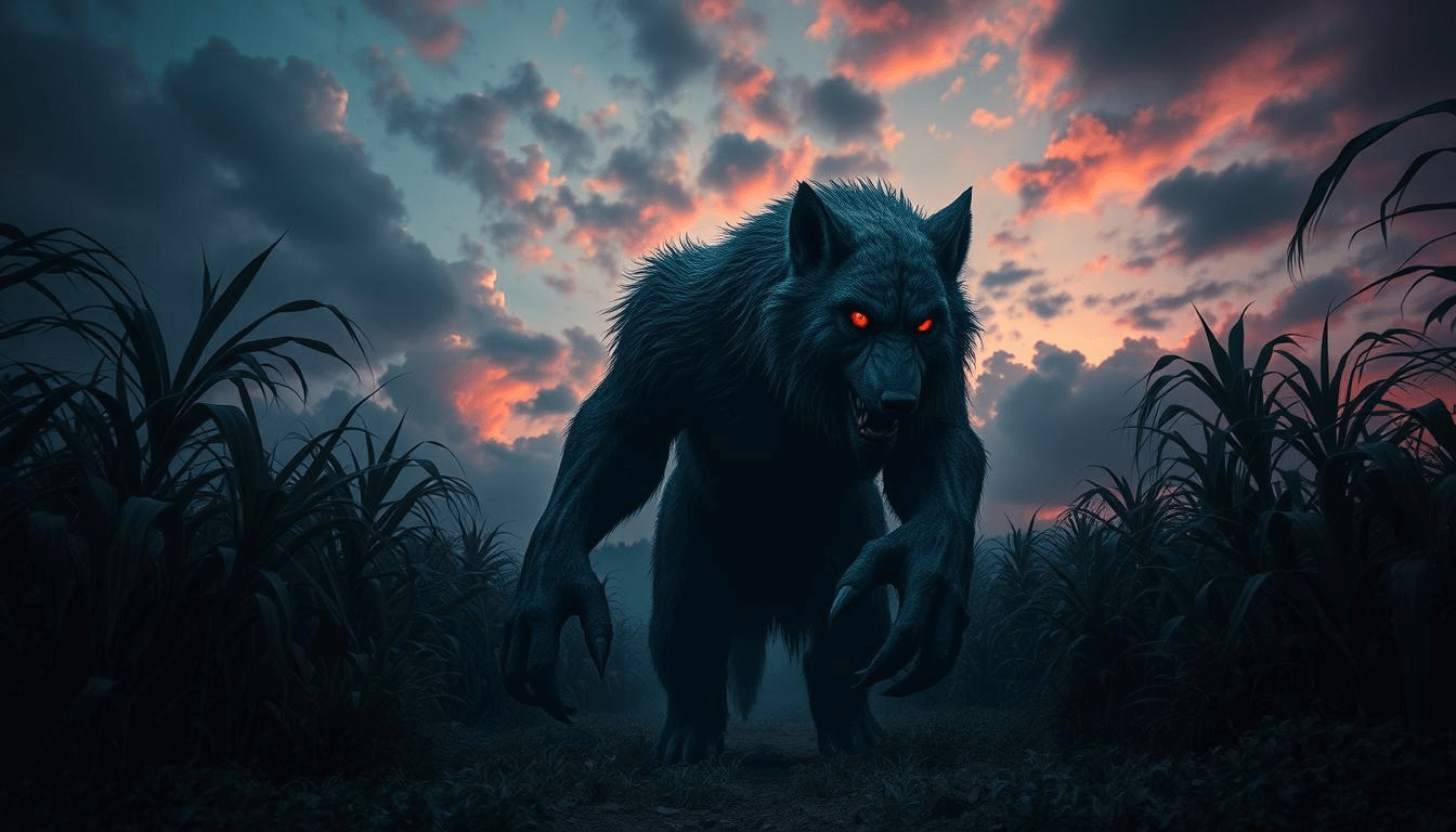 argentine-mythical-creatures-el-lobizon-red-eyes-cornfield-sunset-mythical-creatures El Lobizón, a terrifying mythical werewolf, prowls a cornfield at sunset with glowing red eyes and a menacing stance. This vivid mythical creatures art captures the essence of mythical creatures fantasy rooted in Argentine legends.