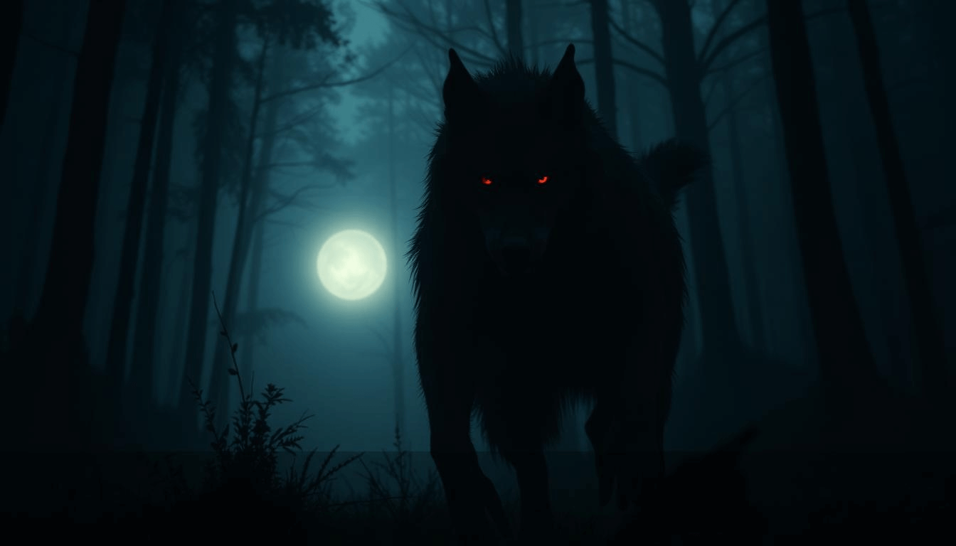 argentine-mythical-creatures-el-lobizon-red-eyes-full-moon-forest-mythical-creatures A shadowy werewolf-like creature known as El Lobizón stands beneath a glowing full moon in a misty forest, its red eyes piercing the darkness. This mythical creatures fantasy scene reflects haunting Argentine folklore in vivid mythical creatures art.